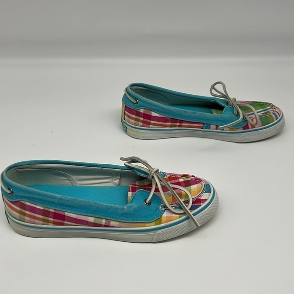 Sperry Women's TopSider Rainbow Plaid Water Turquoise Blue Canvas Boat shoe 6.5 - Picture 4 of 10